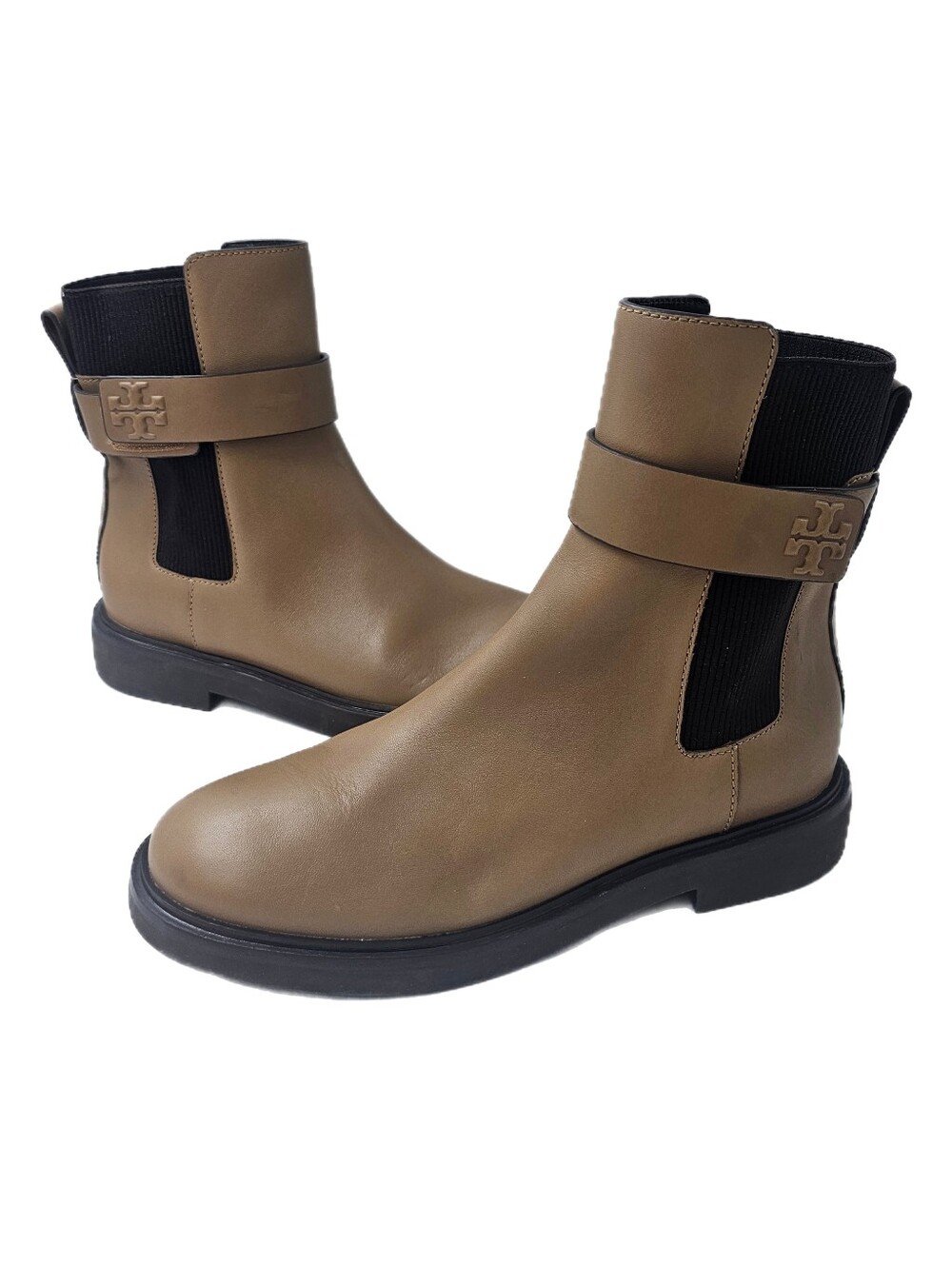 Tory Burch Double T Leather Chelsea Boots Almond Flour Coco NWOB Women's 8 Camel